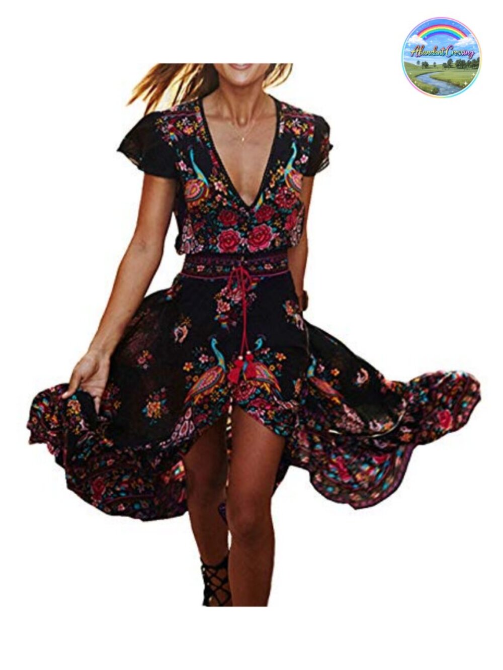 Vintage Floral High Low Long Dress V-Neck Short Sleeve A-Line Casual